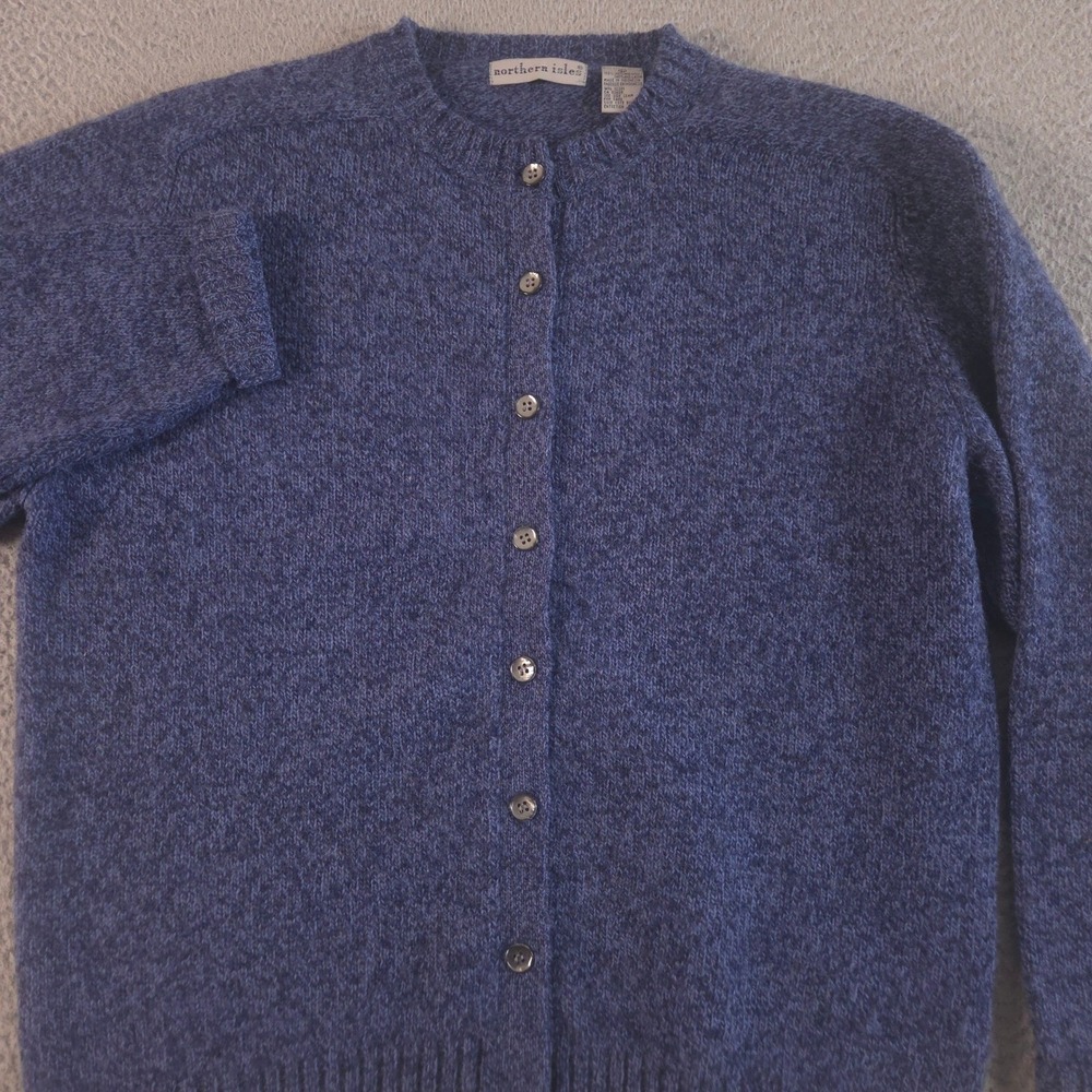 VINTAGE Northern Isles Sweater Womens Large Blue Shetland Wool Knit Cardigan 90s